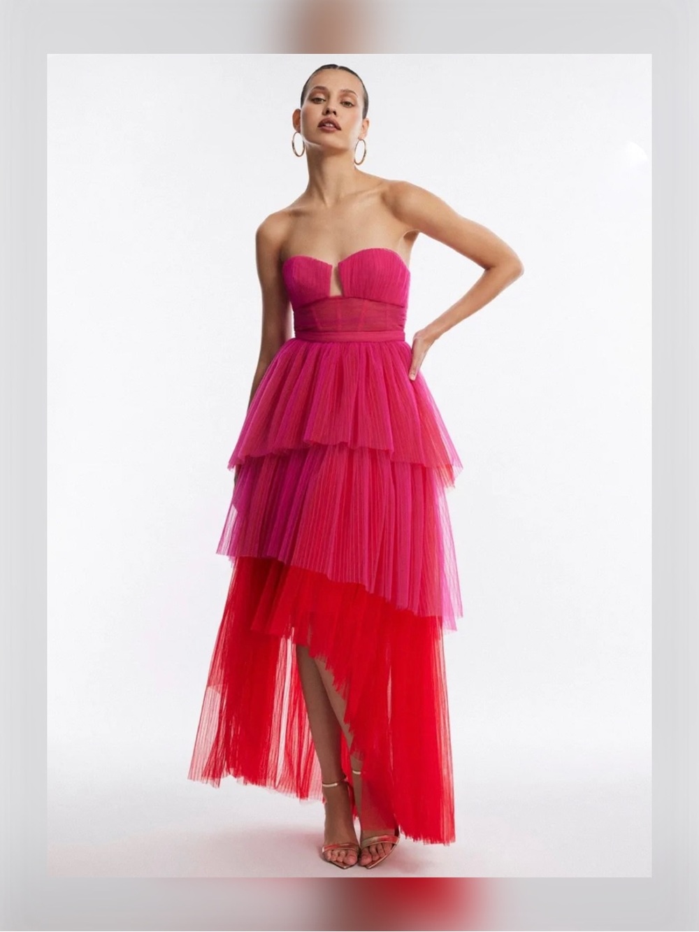 BCBGMazAzria Flora Strapless High-Low Tulle Gown In Raspberry - Picture 5 of 7